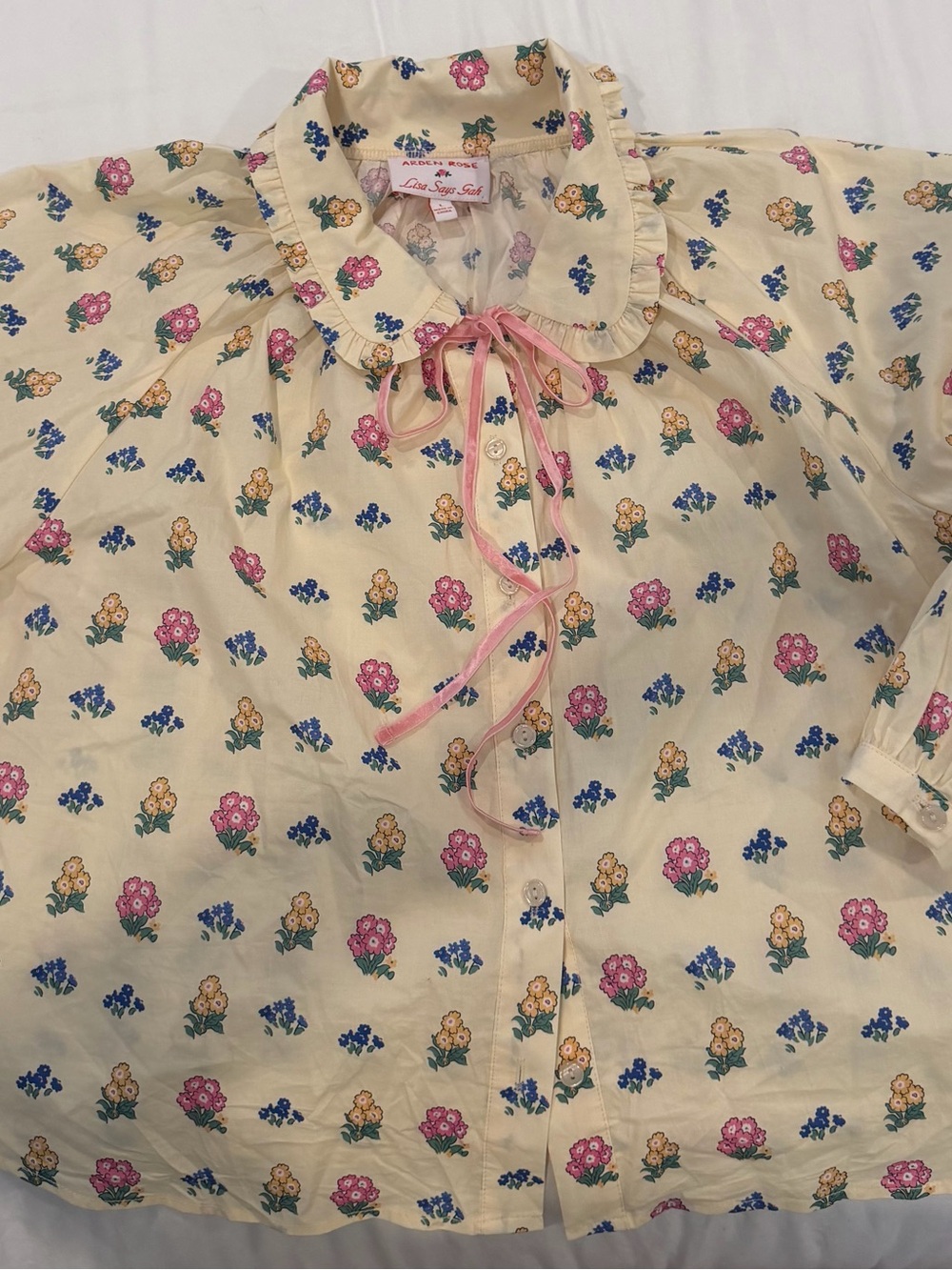 Lisa Says Gah Cream Floral Tie-Neck Blouse with Pink & Blue Accents - Picture 5 of 5